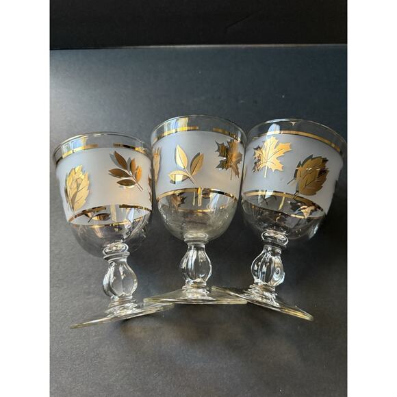 Vintage Libbey Golden Foliage Frosted Pedestal Glasses Set (3) Cocktail Water - Picture 2 of 7